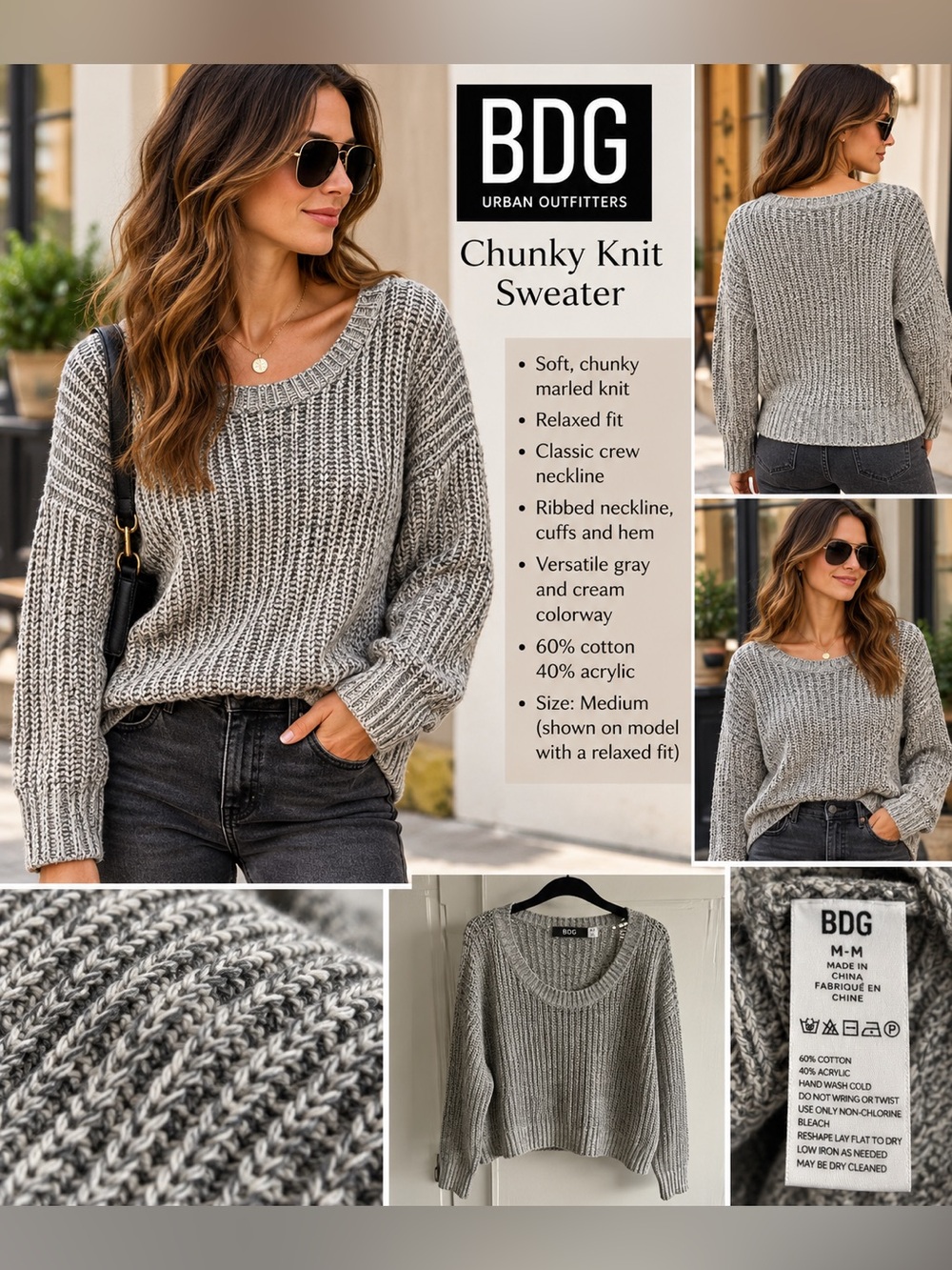 BDG Chunky Knit Sweater in Gray & Cream Size Medium Like New